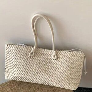 New Cream Woven Shoulder Bag Shopper East-West Elongated Style - Large Capacity